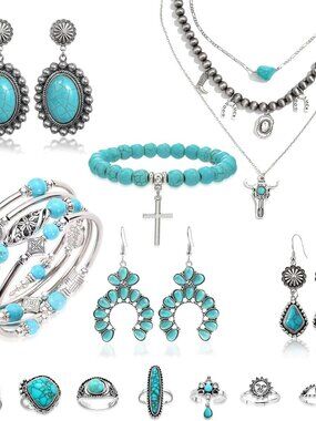 Turquoise Jewelry Set, Boho Western Cowgirl Necklace, Earrings, Bracelet with Na